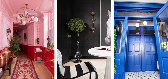Left image: Interior hallway with pink walls and red wainscoting, crown molding, woven runner and eclectic globe chandelier. Center image: Corner of black painted room with greenery, large art print of black and white horse photo, with white table and black and white striped chair in foreground. Right image: Bold blue painted wood entry doors with transom, tile flooring, and ornamental greenery on either side.
