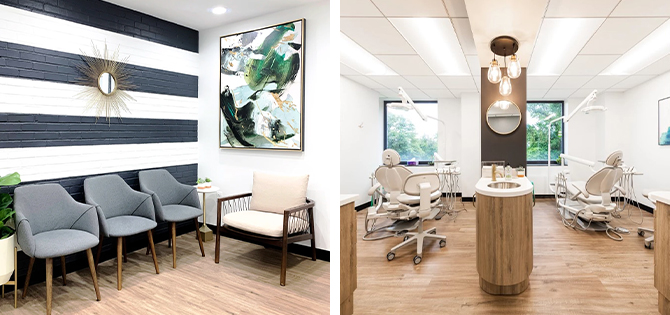 Left image: waiting area with modern chairs and horizontal stripe painted brick accent wall. Right image: Two exam chairs in a modern dental office with neutral color scheme.