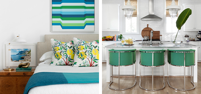Left image: Bedroom with tropical blue accents, botanical printed throw pillows, and vintage style wood nightstand. Right image: White kitchen with teal accent chairs at kitchen island.