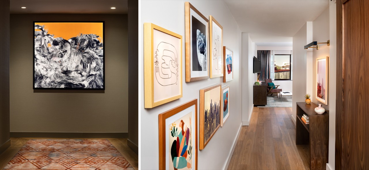 (left image):  Abstract artwork hanging on the dark taupe wall of the Canopy hotel corridor. (right image):  View down short hallway in hotel guest room, colorful gallery art on left wall, white walls and natural wood floors.