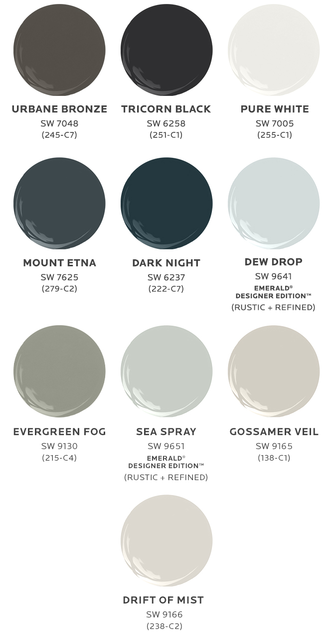 Graphic of ten paint dollops representing Lee Crowder’s top picks for home exterior paint colors.