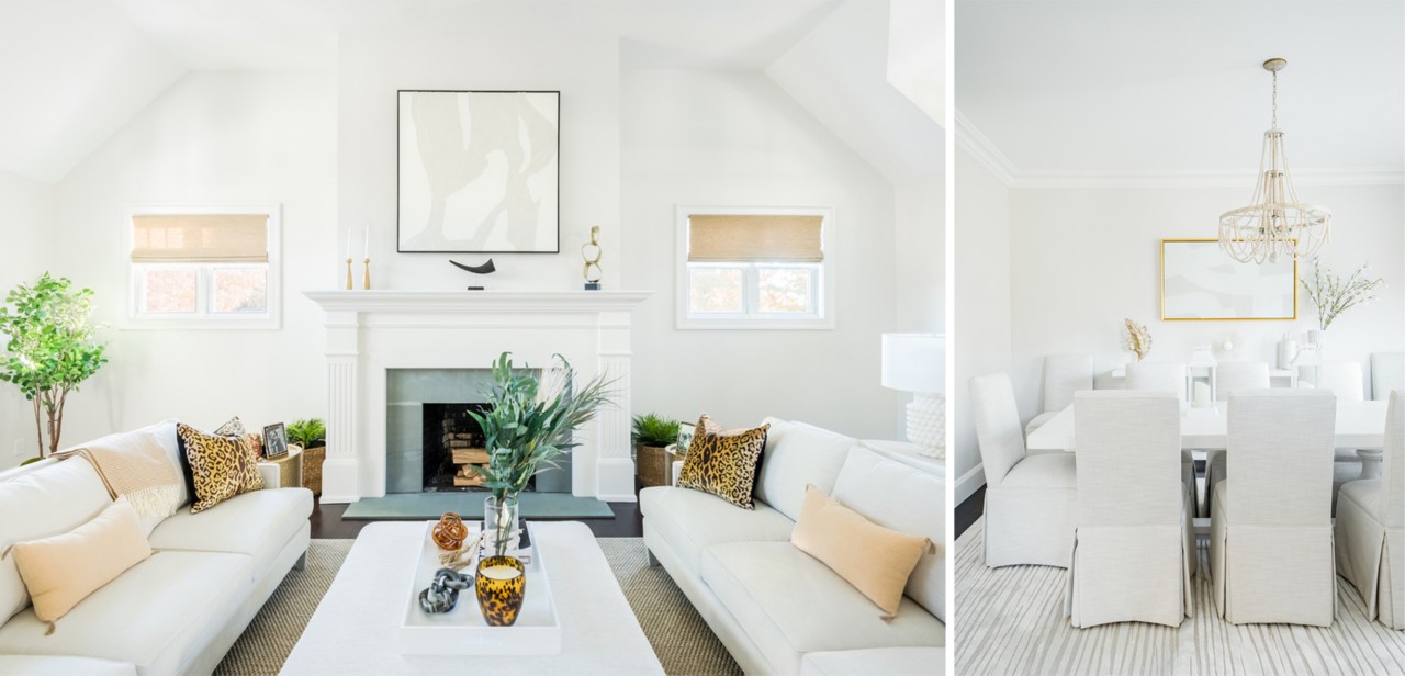 First image: Monochromatic white living room with vaulted ceilings and two white sofas facing each other in front of a fireplace. Second image: White dining room with fabric-covered chairs and beaded chandelier.