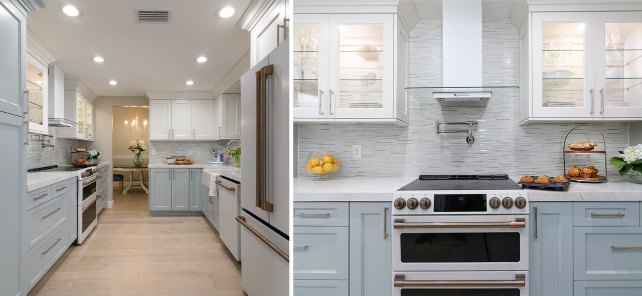 Modern kitchen with white upper cabinets and pale blue lower cabinets, pastel blue variegated backsplash, light wood floors and can lighting.
