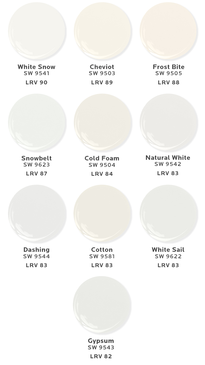 Illustration of two rows of five dollops of white paint colors from the Emerald Designer Edition Color Collection.