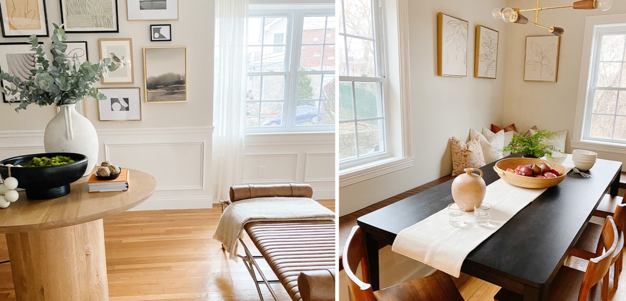 First image: Interior shots of modern traditional home with crown molding, gallery wall, white walls and trim with natural wood flooring. Second image: Dining room with white walls, modern light fixture, black rectangular table with white runner, wooden bowl centerpiece, banquette and wood chairs.