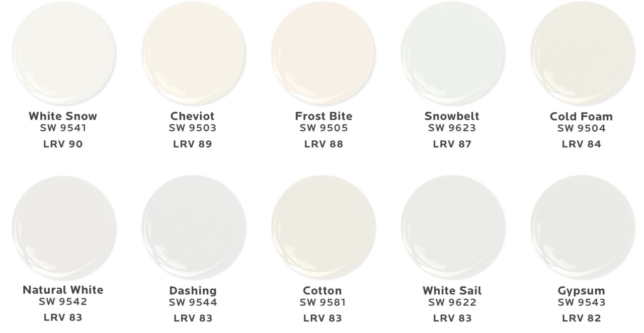  Illustration of two rows of five dollops of white paint colors from the Emerald Designer Edition Color Collection.