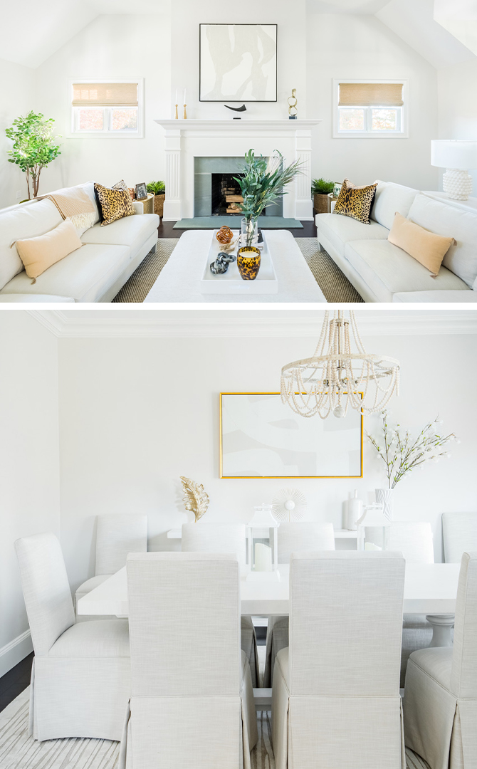First image: Monochromatic white living room with vaulted ceilings and two white sofas facing each other in front of a fireplace. Second image: White dining room with fabric-covered chairs and beaded chandelier.