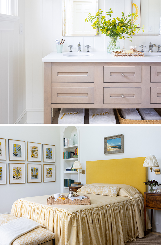 First image: Closeup of double bathroom vanity with white walls, taupe cabinets, and large bouquet of flowers on a white countertop. Second image: Bedroom with high ceiling, built-in shelves, framed art on the wall and bed with yellow headboard and pastel yellow ruffled coverlet.