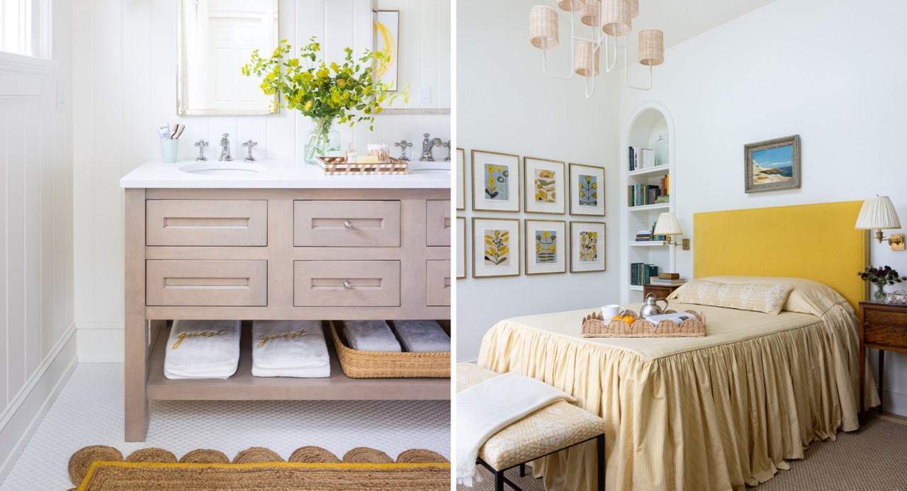 First image: Closeup of double bathroom vanity with white walls, taupe cabinets, and large bouquet of flowers on a white countertop. Second image: Bedroom with high ceiling, built-in shelves, framed art on the wall and bed with yellow headboard and pastel yellow ruffled coverlet.