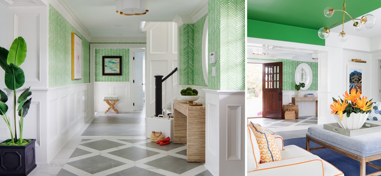 Left imag): Home entry and corridor with gray and white diamond-patterned tile, green and white patterned wallpaper above white wainscoting, modern accent table, and potted palm in foreground, Right image: Living room with blue rug and green ceiling, plush chair and ottoman in foreground with oversize floral arrangement on a tray and dark wood front door in background.