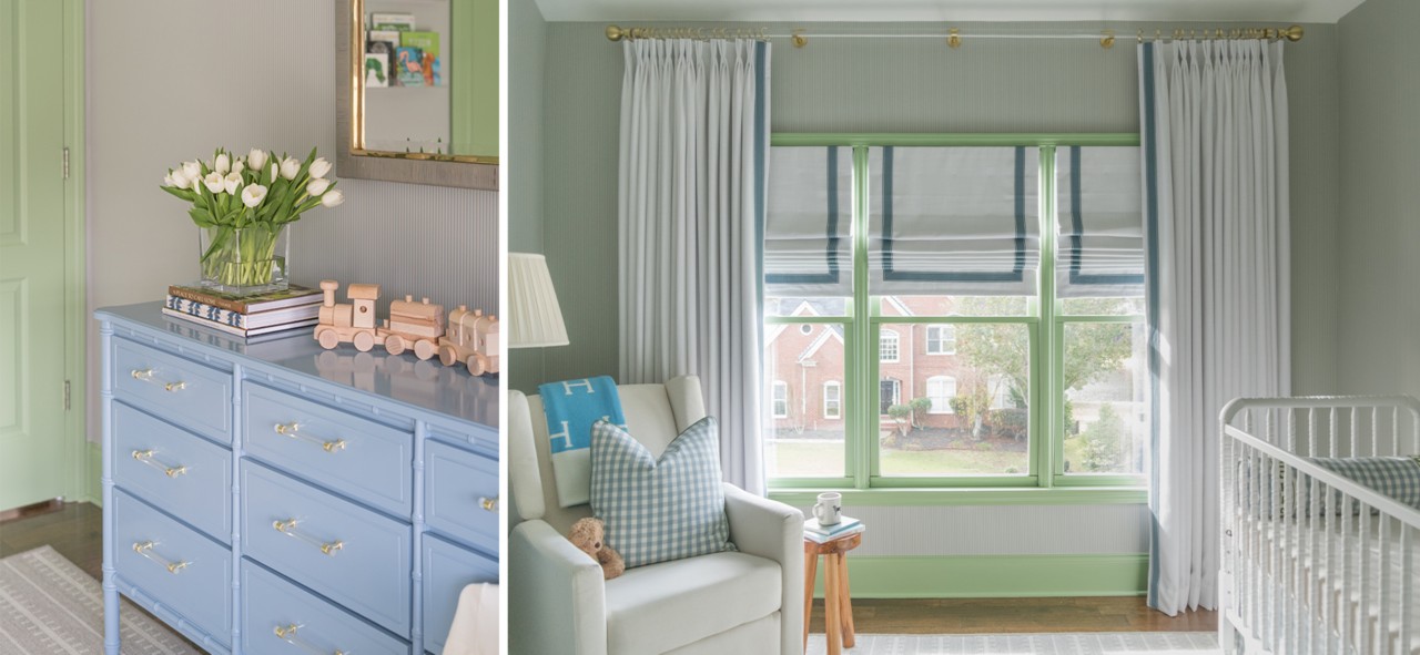 Soothing home nursery room with light blue dresser, comfortable white armchair, white crib, and light green door and trim.