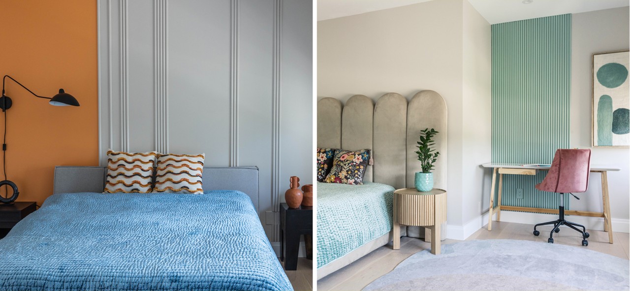 Two different bedroom scenes using light gray as a main wall color with accent walls, both with minimalist modern designs and decor.
