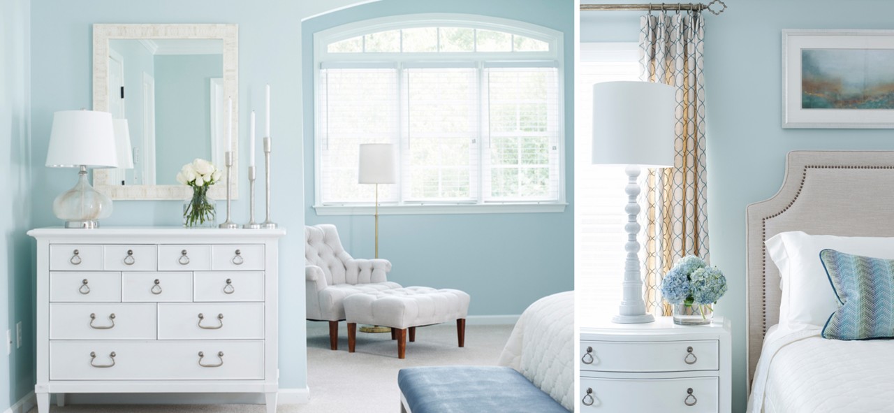 Relaxing and elegant bedroom with light blue walls, accents, and white furnishings and decor.
