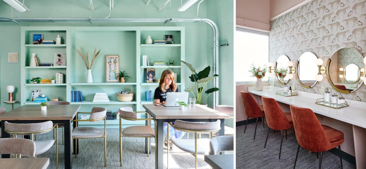 Left image: Interior of the Lola coworking space, with light blue-green walls and built-in shelving full of books and decor, with a woman working on a laptop at one of two modern worktables in foreground. Right image: Vanity area with three stations with round mirrors, globe vanity lights, rust-colored velvet chairs, pink walls, patterned wallpaper, and bouquet of flowers near window.