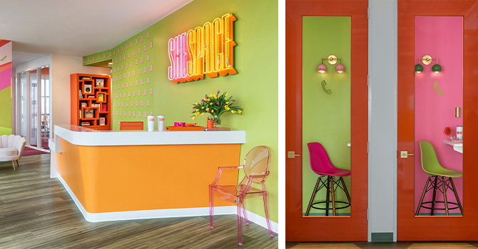 Left image: Bright and colorful coworking lobby area with a neon pink and orange sign that says “SheSpace” behind the orange desk. Right image: Pink and green modern “phone booth” areas seen through glass doors, brightly colored sculpted chairs and brightly painted walls.