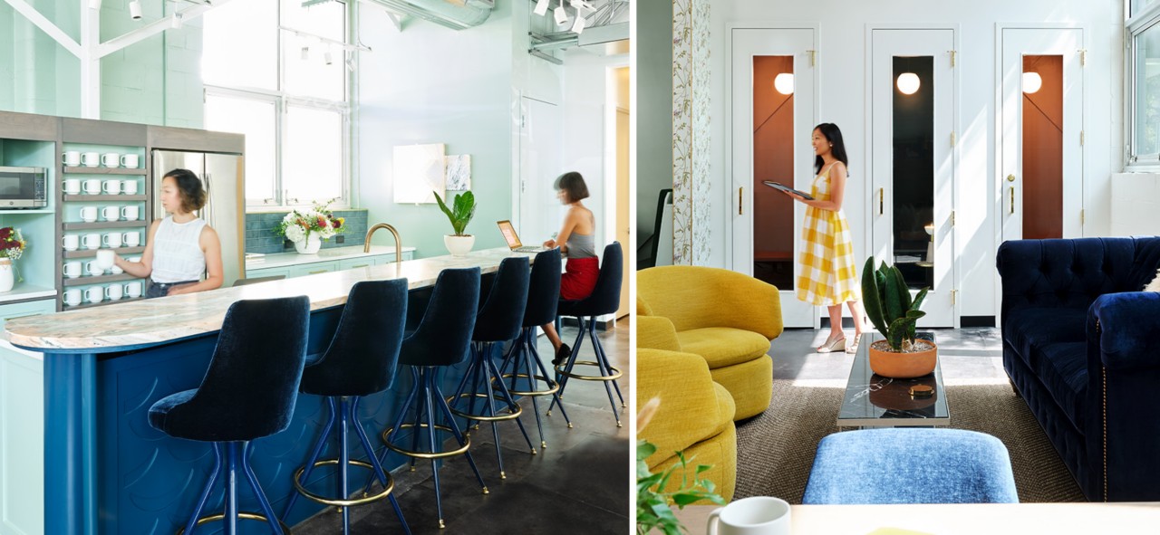 High-ceilinged modern workplace kitchen area with dark blue velvet swivel stools at bar-height blue island.