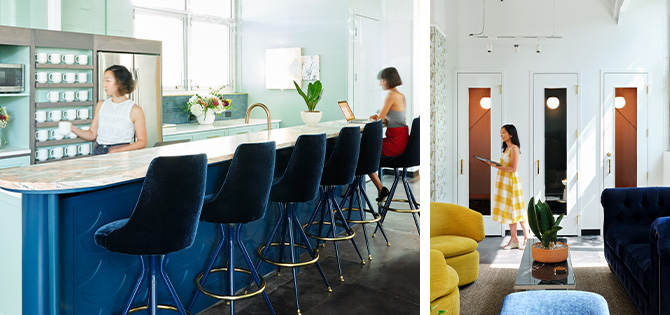 High-ceilinged modern workplace kitchen area with dark blue velvet swivel stools at bar-height blue island.