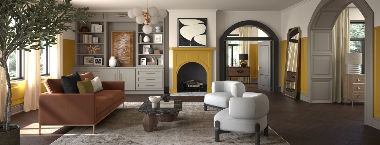 Living room with fireplace and wainscoting painted in Sherwin-Williams least-tinted color, Kingdom Gold.
