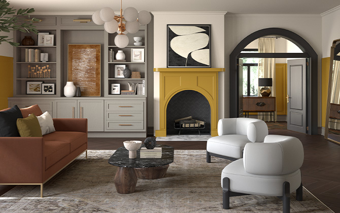 living room with fireplace and wainscoting painted in Sherwin-Williams least-tinted color, Kingdom Gold.