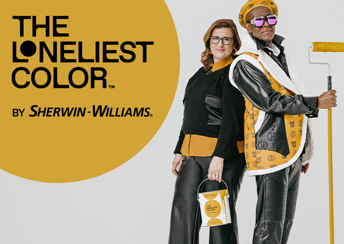 The Loneliest Color logo next to a photo of Sue Wadden holding a paint can and Dapper Dan holding a paint roller, standing back to back.