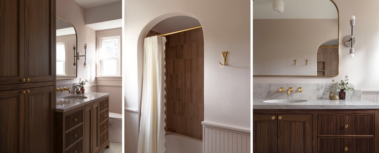 Modern bathroom with dark wooden vanity, archway shower, and gold fixtures in Unfussy Beige by Sherwin-Williams.