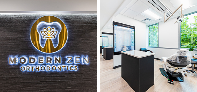Closeup of backlit logo for Modern Zen Orthodontics and shot of modern patient areas with white walls, black trim and cabinetry and light wood floors.