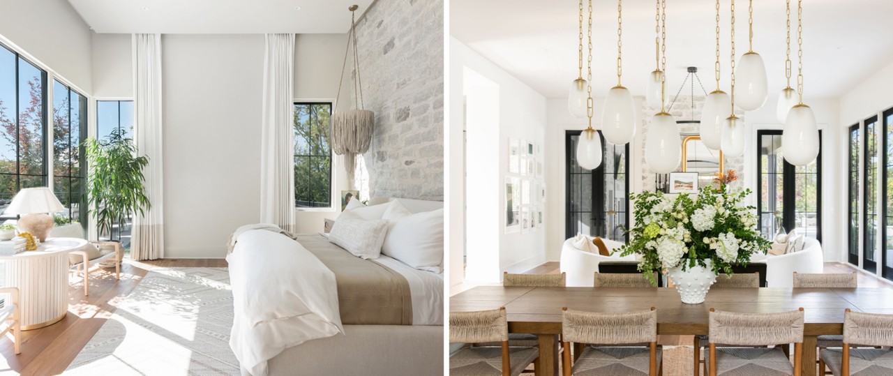Left image: High-ceilinged white bedroom with lots of natural light. Right image: Dining table with large floral centerpiece, staggered frosted glass lanterns arranged above, and view through the dining area into a living area with white walls and black trim.