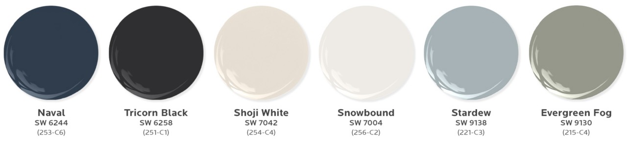 Graphic of six paint dollops depicting some of the top trending paint colors for bathrooms.