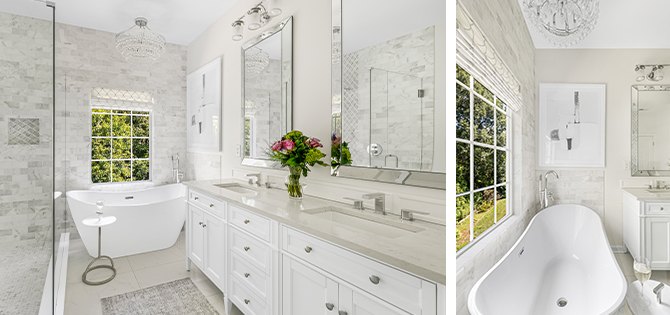 All white bathroom with tiled accent wall and spacious glassed-walled shower, modern soaking tub and double vanity in walls of Snowbound.