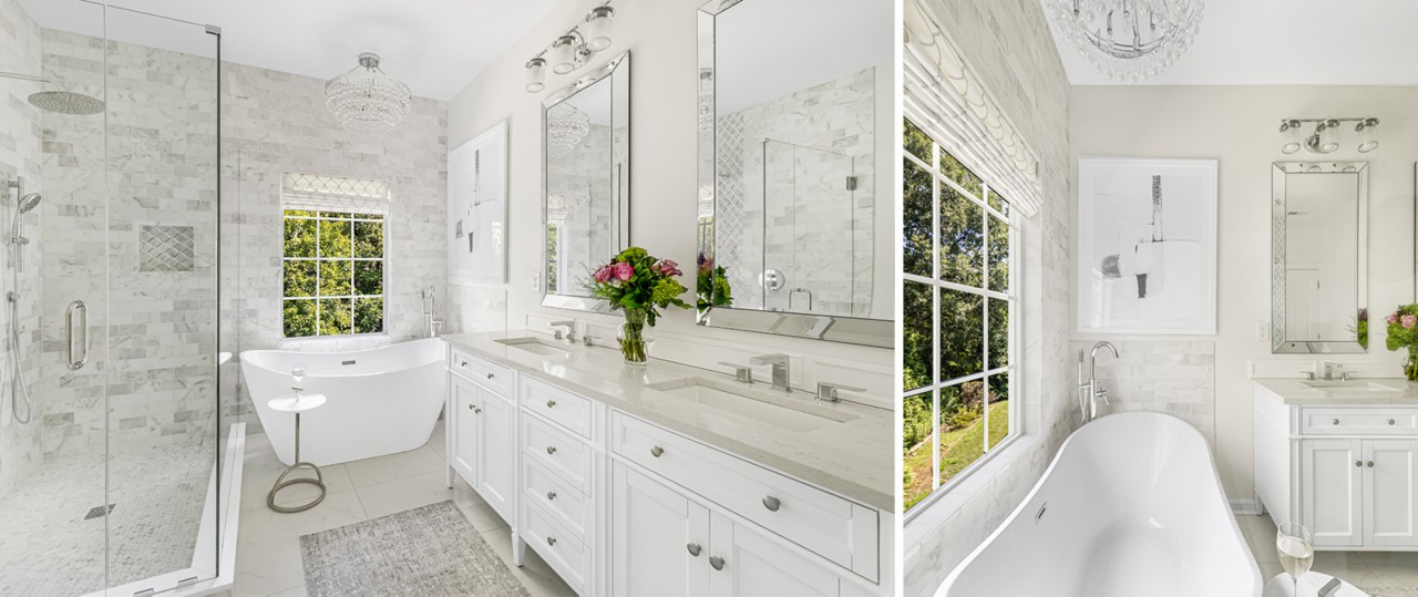 All white bathroom with tiled accent wall and spacious glassed-walled shower, modern soaking tub and double vanity in walls of Snowbound.