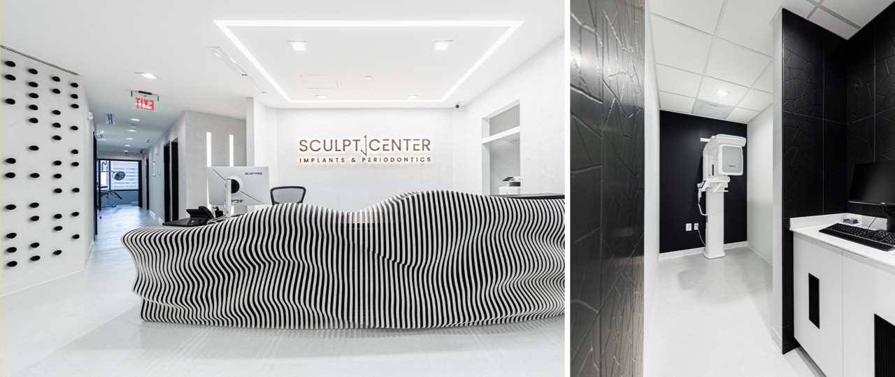 Lobby or reception area and examination room in dental specialty center featuring bright white walls with black accents and bright lighting.