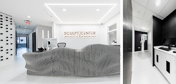 Lobby or reception area and examination room in dental specialty center featuring bright white walls with black accents and bright lighting.