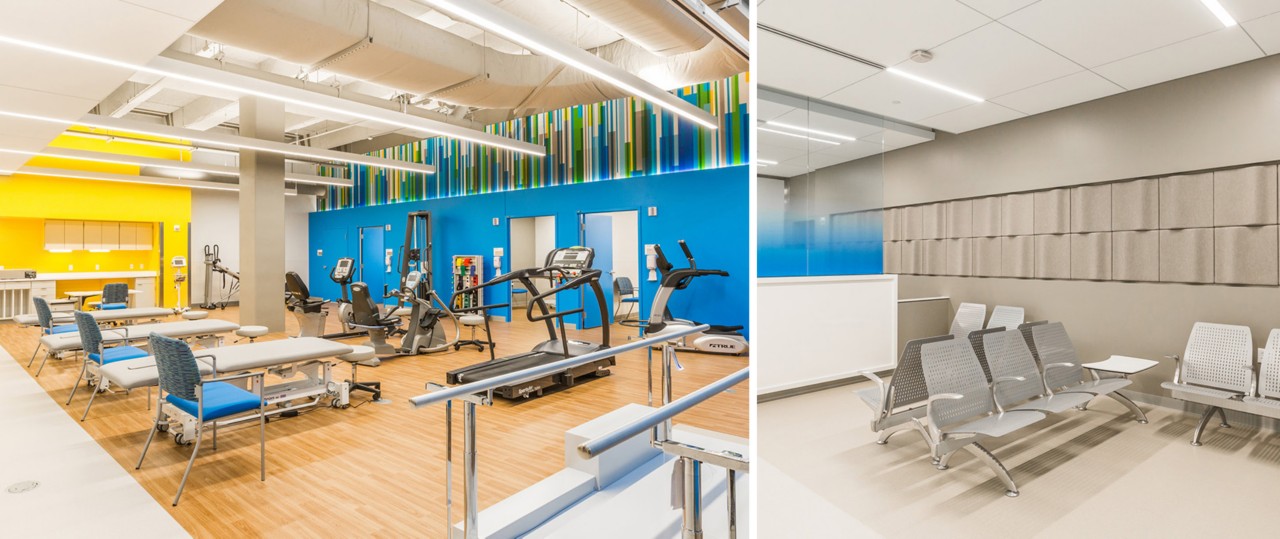 Basement-level therapy center with wood floors, exposed ceiling, bar lighting, and bright accent walls in yellow and blue with therapy equipment arranged throughout.