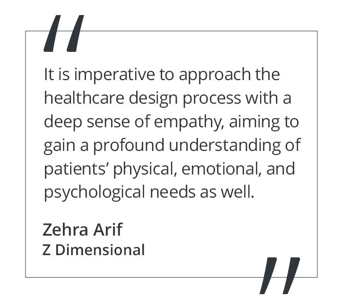 Graphic featuring the quote “It is imperative to approach the healthcare design process with a deep sense of empathy, aiming to gain a profound understanding of patients’ physical, emotional, and psychological needs as well,” by Zehra Arif of Z Dimensional.