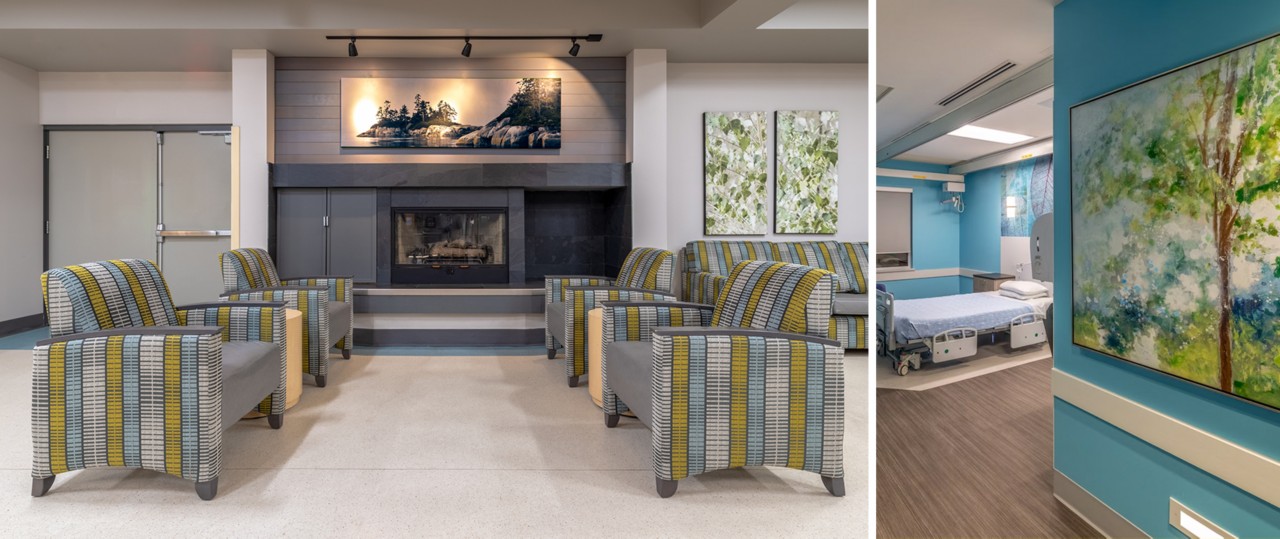 Left image: Seating in front of a fireplace in a healthcare waiting area with four chairs and side tables with artwork hanging above the fireplace. Right image: Patient room in the same facility with blue walls and abstract tree painting in foreground.