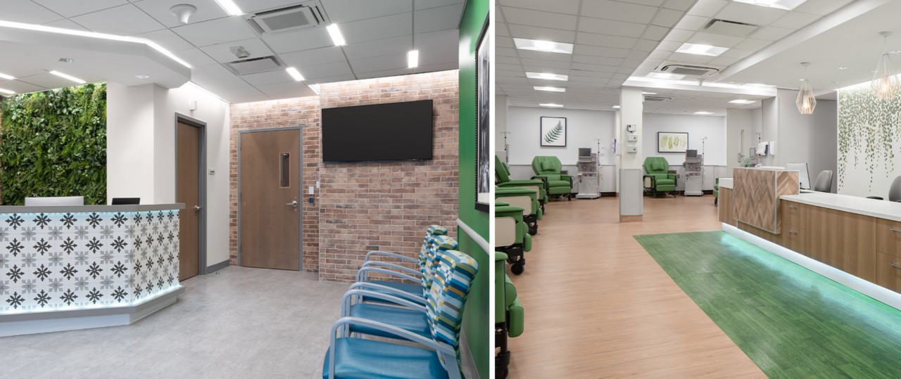 Left image: Reception area with tiled desk with living accent wall behind, blue chairs facing opposite and exposed light brick on rear wall with mounted flatscreen TV. Right image: Dialysis treatment area with light wood-look flooring, white and gray walls and green accents including treatment chairs and botanical motifs and artwork on walls.