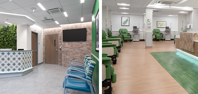 Left image: Reception area with tiled desk with living accent wall behind, blue chairs facing opposite and exposed light brick on rear wall with mounted flatscreen TV. Right image: Dialysis treatment area with light wood-look flooring, white and gray walls and green accents including treatment chairs and botanical motifs and artwork on walls.