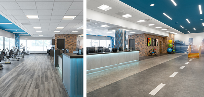 Physical therapy fitness center with blue painted accents, therapy equipment, and architecturally lit front desk.