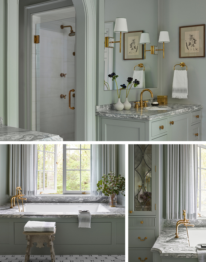 Bathroom with walls, cabinetry and trim painted in Sherwin-Williams Oyster Bay with tile floors and brass fixtures.
