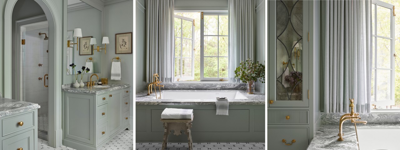Bathroom with walls, cabinetry and trim painted in Sherwin-Williams Oyster Bay with tile floors and brass fixtures.