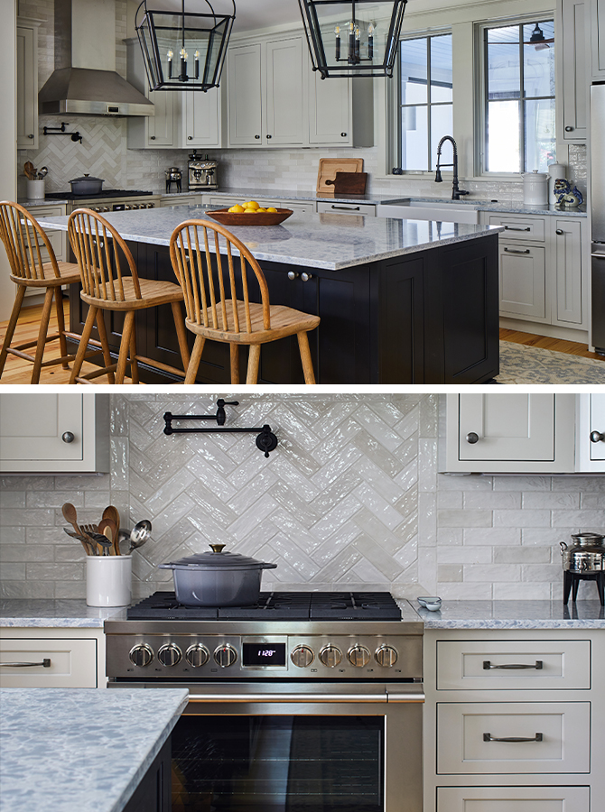Modern kitchen with wood chairs at black painted island and perimeter cabinets painted light gray.