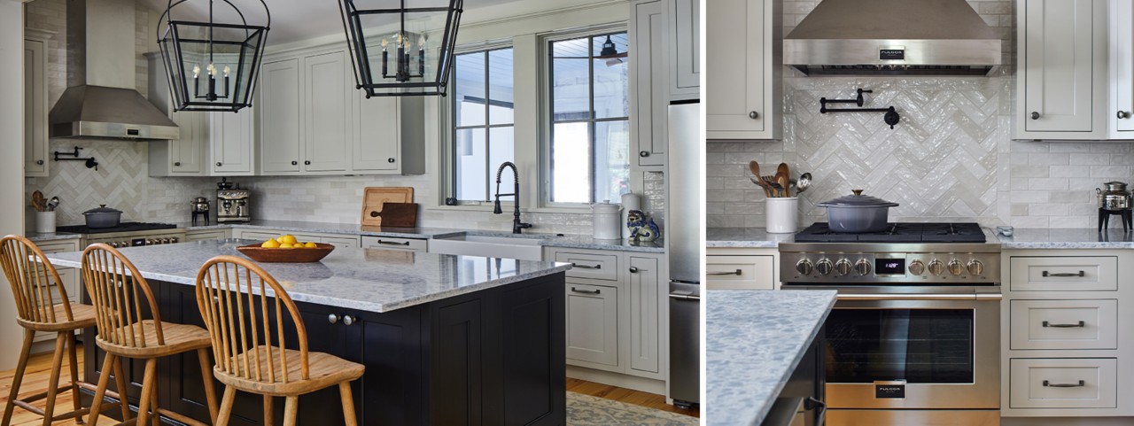 Modern kitchen with wood chairs at black painted island and perimeter cabinets painted light gray.