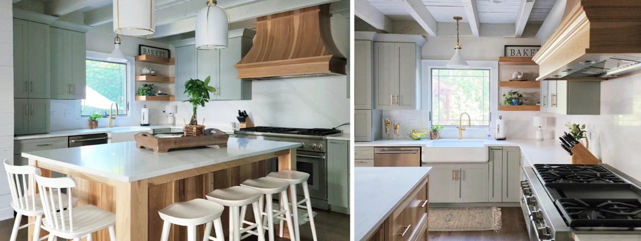 Modern transitional kitchen with large center island surrounded by white chairs, wood paneled island and range hood with some open shelving and light greenish gray cabinetry.