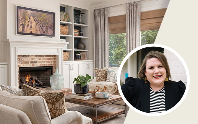 Inviting living room with brick hearth, built-ins, and comfortable sofas topped with throw blankets and pillows.