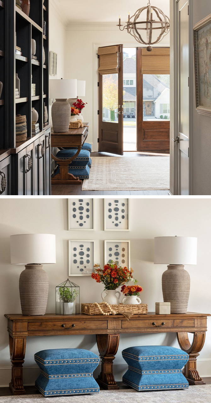 Top image: Entryway of home with accent table, rustic modern chandelier, and wood double doors. Bottom image: Different angle of entryway accent table with twin blue stools and topped with matching neutral lamps.