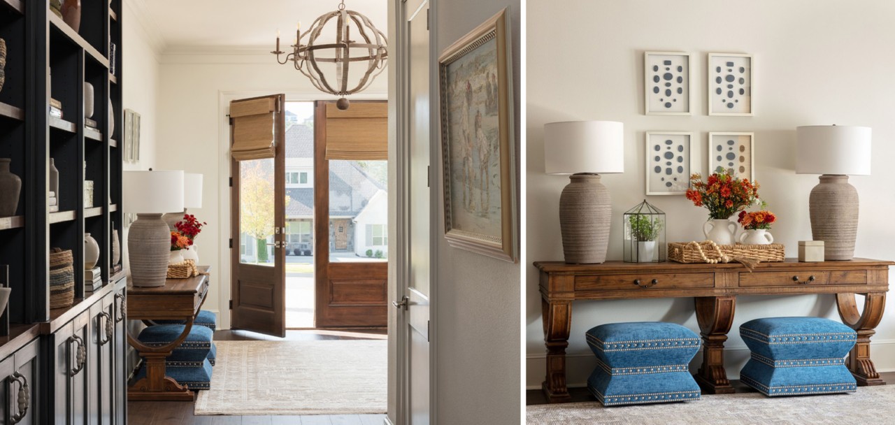Left image: Entryway of home with accent table, rustic modern chandelier, and wood double doors. Right image: Different angle of entryway accent table with twin blue stools and topped with matching neutral lamps.