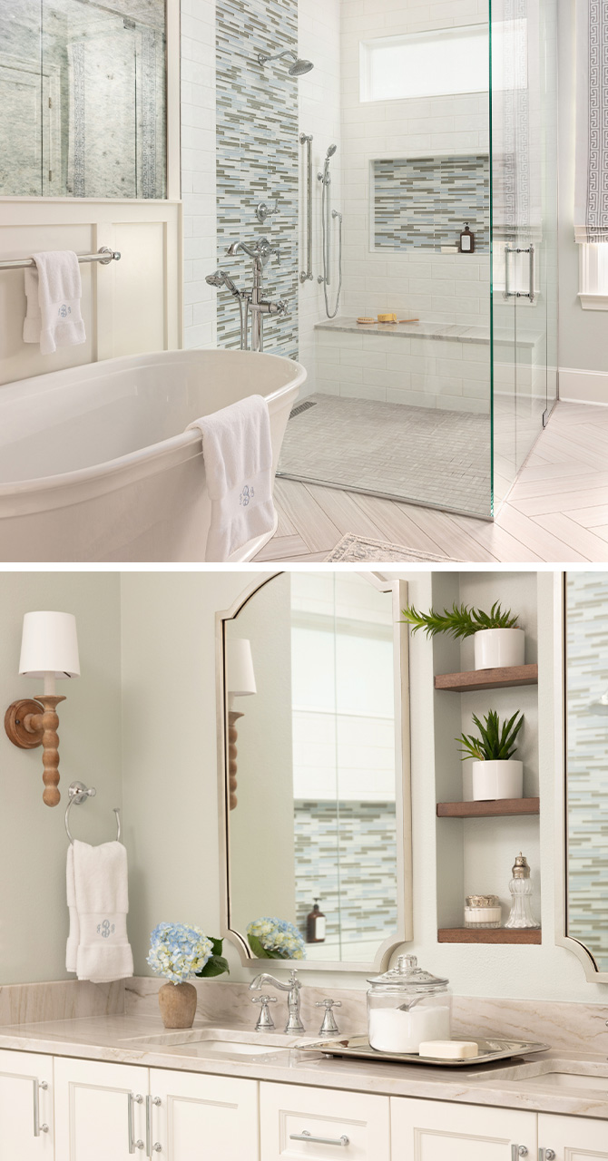 Primary bathroom with glass-walled shower, herringbone floors, soaking tub and a light neutral color scheme.