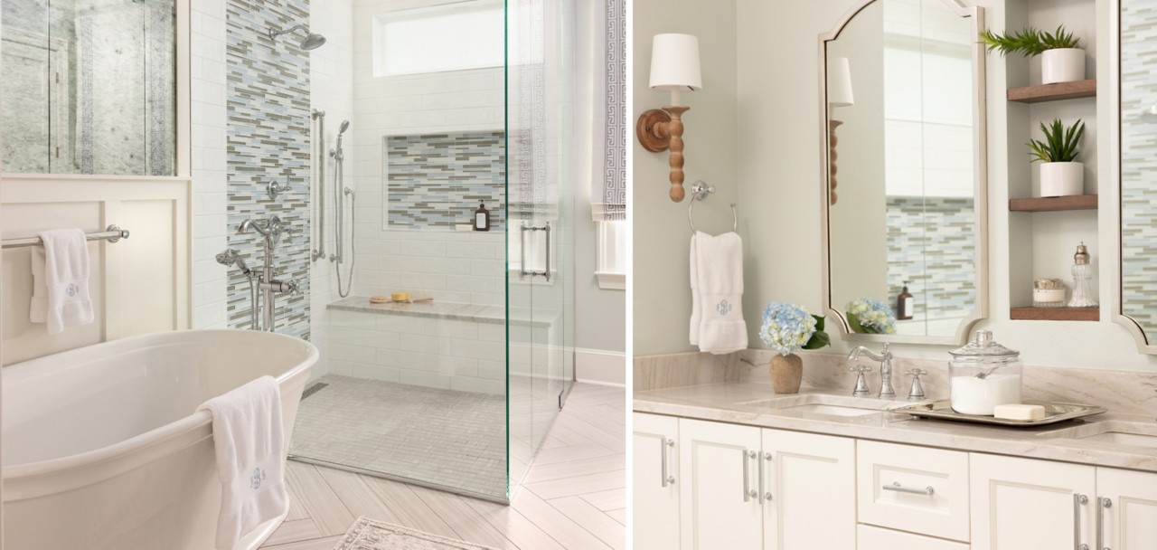 Primary bathroom with glass-walled shower, herringbone floors, soaking tub and a light neutral color scheme.