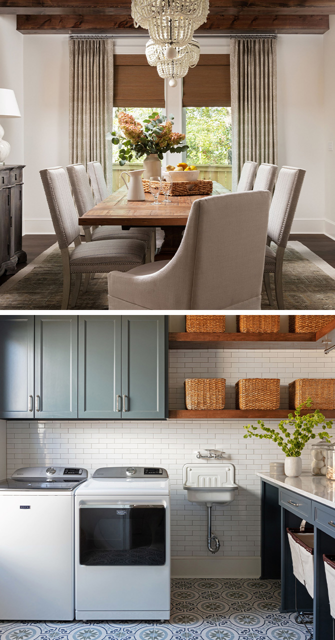 Top image: Elegant modern-rustic dining room with beaded chandeliers, wood ceiling beams, and a wood table with seating for eight. Bottom image: Laundry room with modern appliances, small porcelain wall sink, subway-tile walls and patterned tile floors.