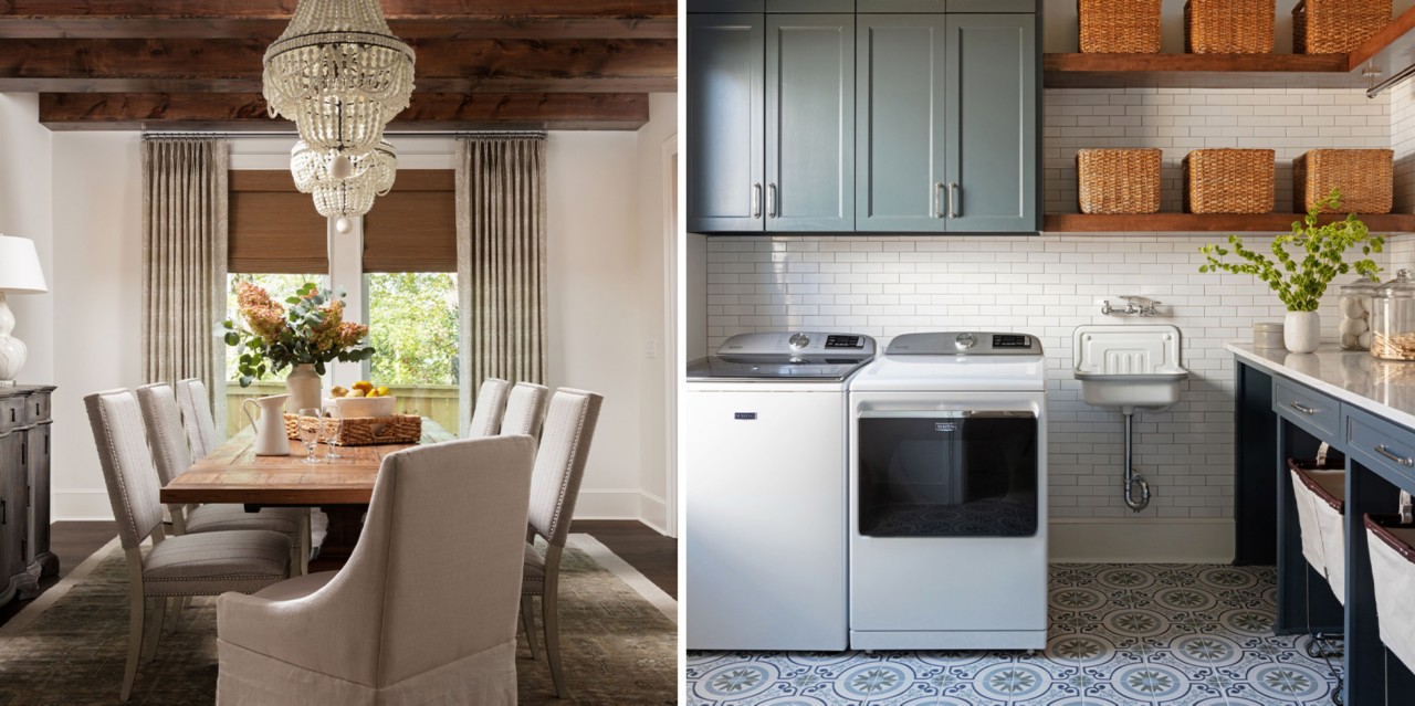 Left image: Elegant modern-rustic dining room with beaded chandeliers, wood ceiling beams, and a wood table with seating for eight. Right image: Laundry room with modern appliances, small porcelain wall sink, subway-tile walls and patterned tile floors.
